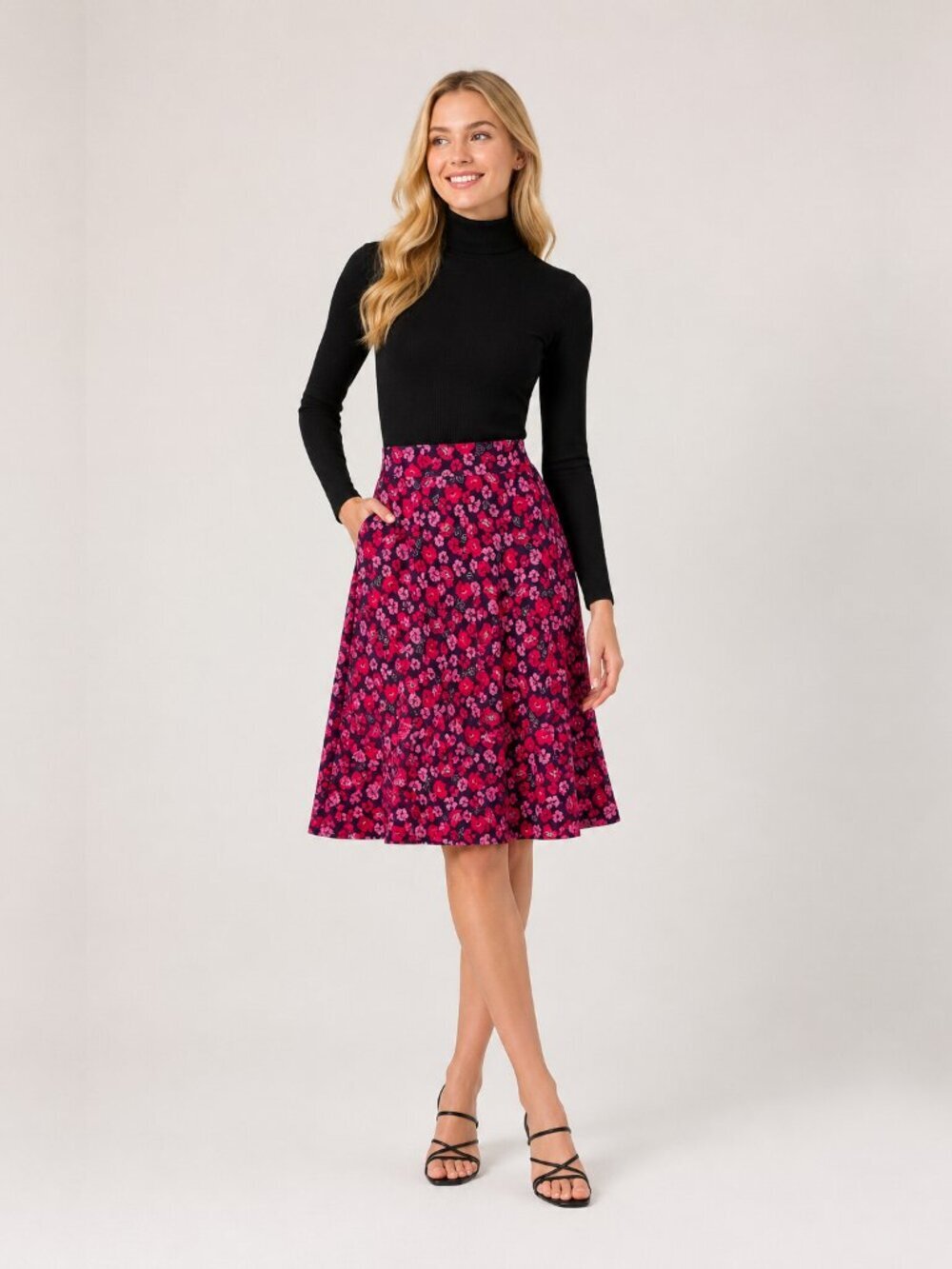 2/$30 Lands' End Floral Print A-Line Skirt Red Pink Black Small #A2180